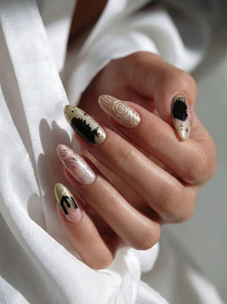 Black and gold gel nail design London